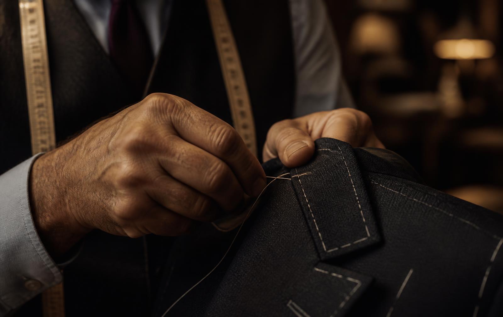 A tailor hand-stitching the lapel of a charcoal jacket in the Alwan atelier