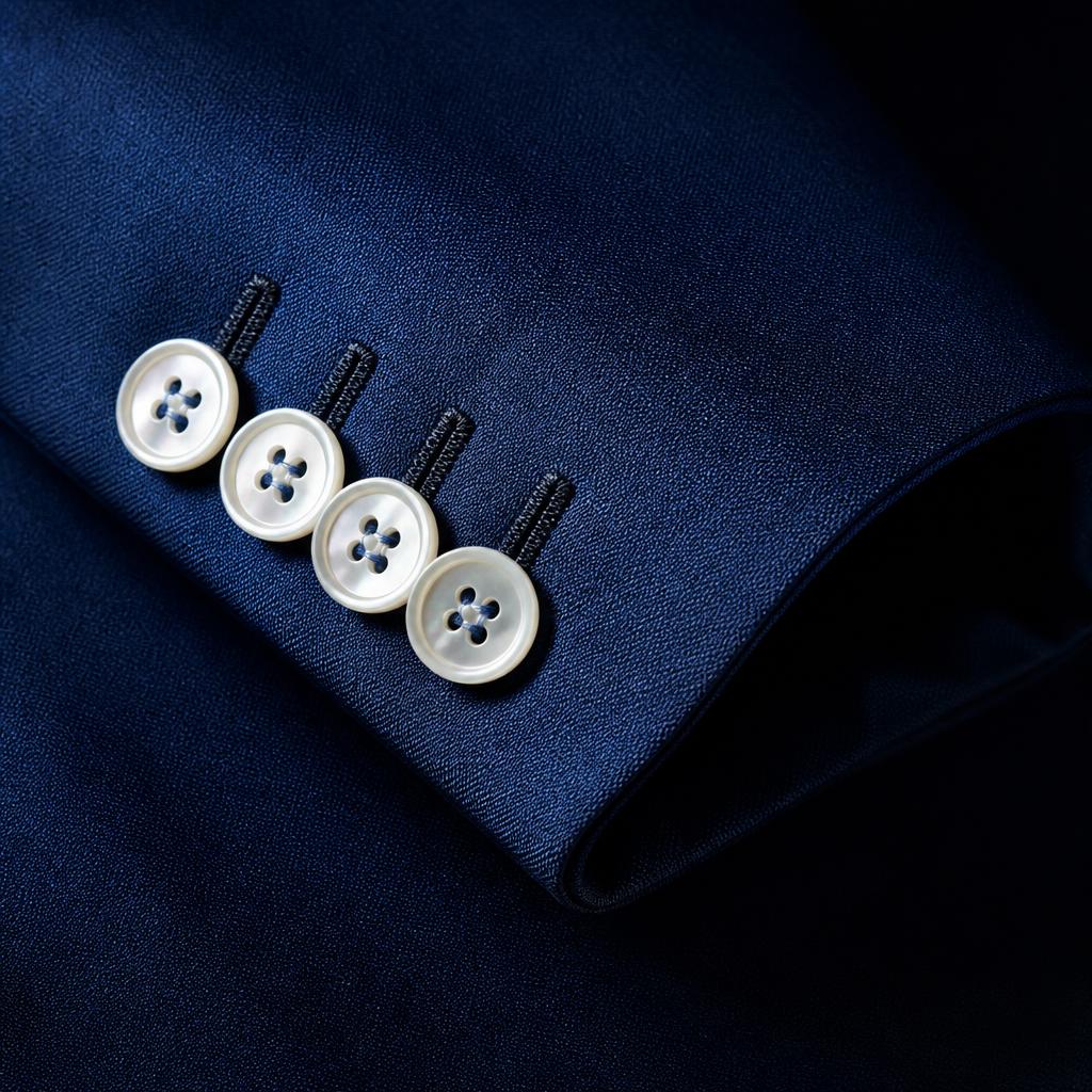 Close-up of hand-finished buttonholes on a sapphire blue suit cuff