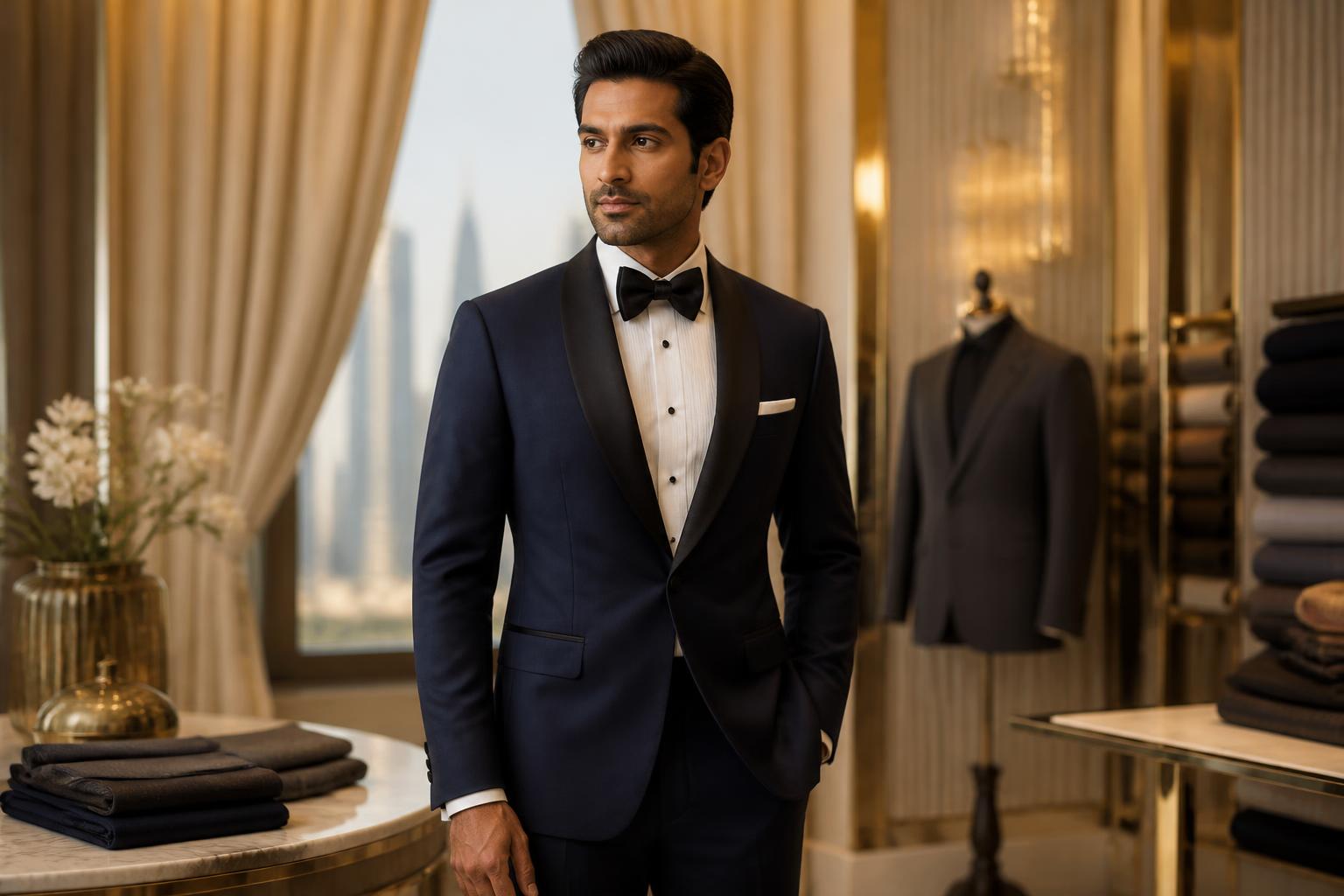 Bespoke midnight blue tuxedo tailored by Alwan Tailors Dubai