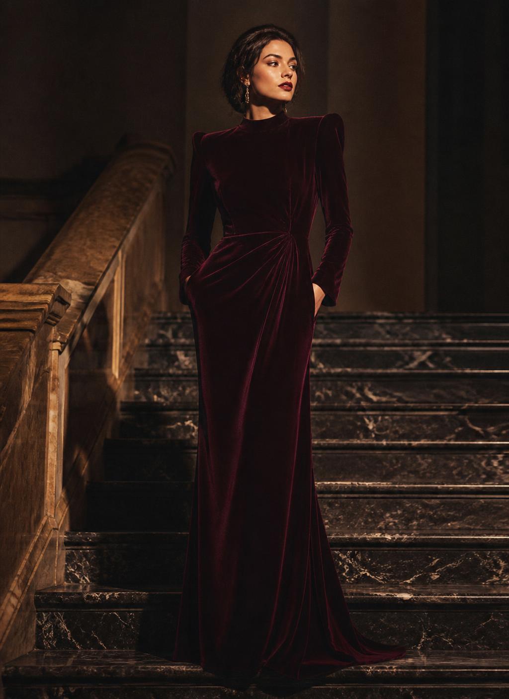 Bespoke burgundy velvet evening gown tailored in Dubai