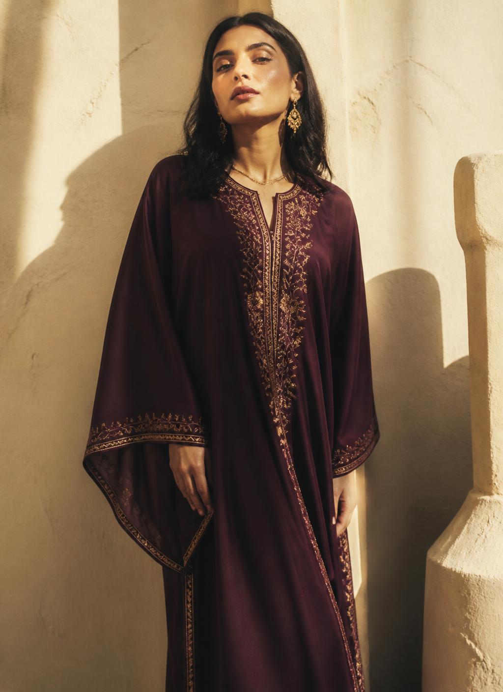 Woman in a plum silk kaftan with gold embroidery in Dubai daylight